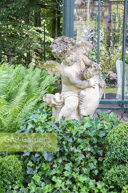 Putto next to glasshouse.  Ivy and ferns, Buxus Hedera helix and Matteucia struthiopteris