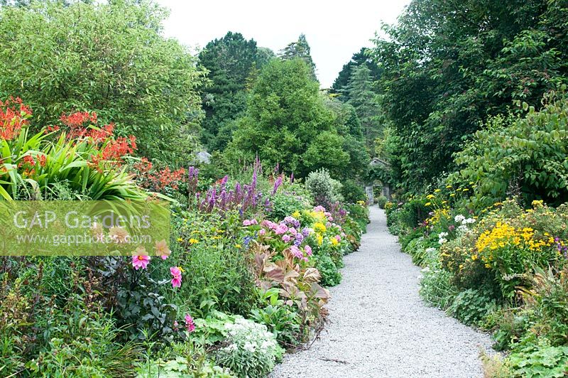 The Walled garden with herbaceous borders in the Gardens of Ilnacullin - Garinish Island. Glengarriff, West Cork, Ireland.