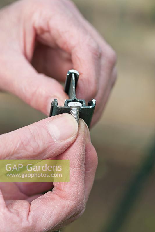 Close up to show how the square headed aluminium bolt slots into the greenhouse glazing bar. The square head prevents the bolt from turning when the nut is screwed on. April, Spring.