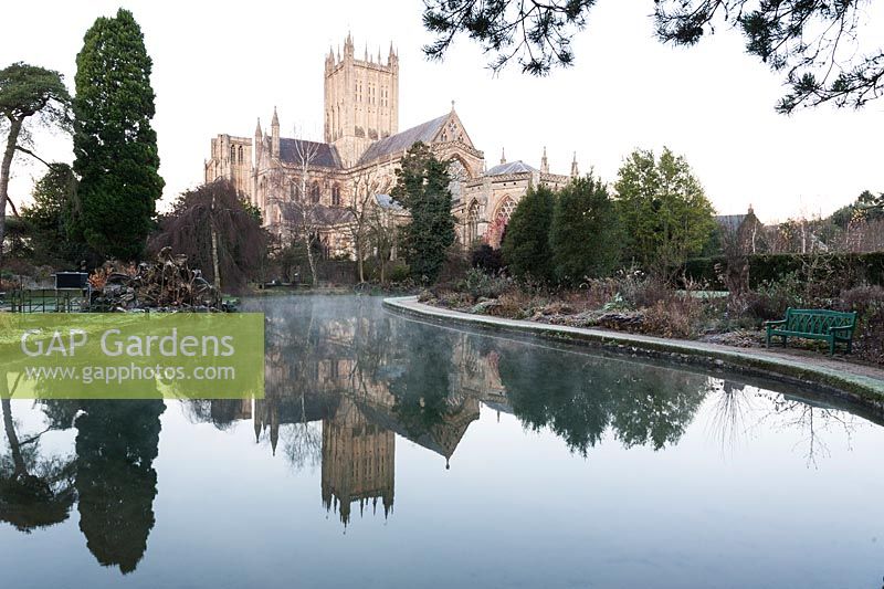 The Well Pool in the Bishop's Palace garden with Wells Cathedral as backdrop