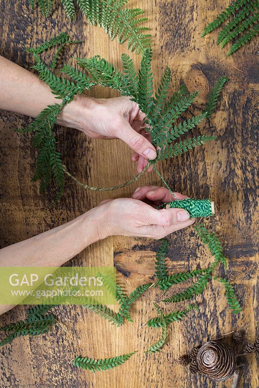 Use string to secure the fern fronds to the wreath