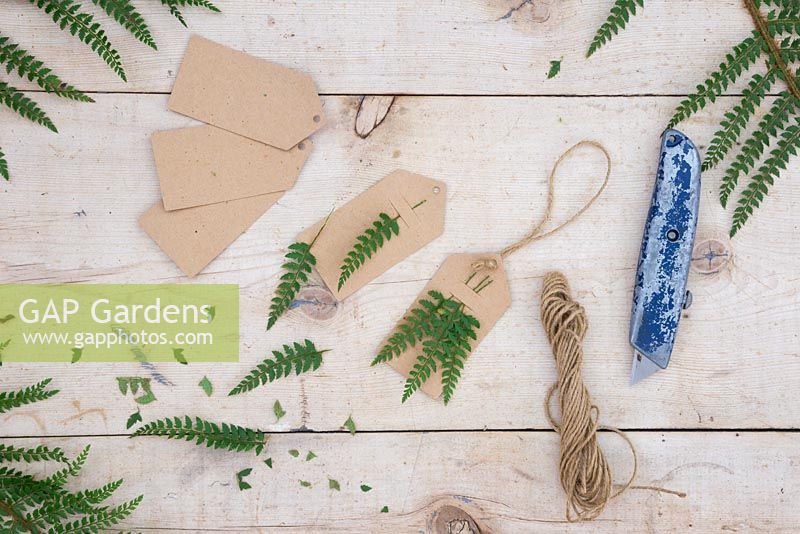 Paper gift tags with green Fern foliage inserted into them