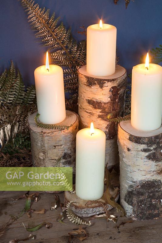 A candle lit display on different size Birch logs