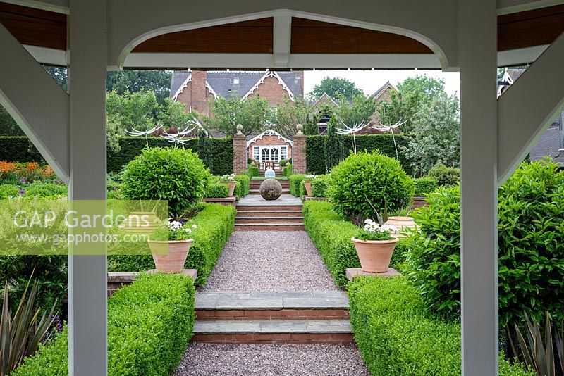 The view of the formal garden from the summerhouse. Mitton Manor, Staffordshire.
