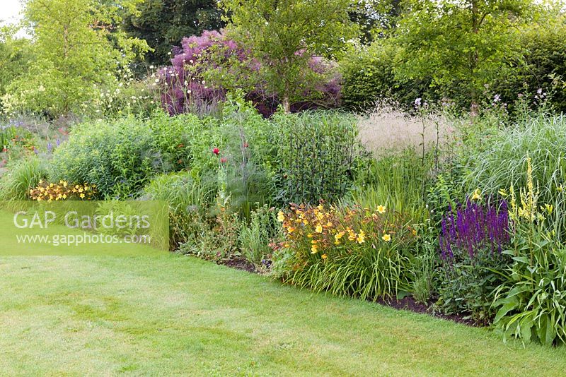 A long herbaceous border featuring plants such as Hemerocallis 'Corky', Foeniculum vulgare 'Purpureum', Salvia nemorosa and Geums at Bluebell Cottage Gardens