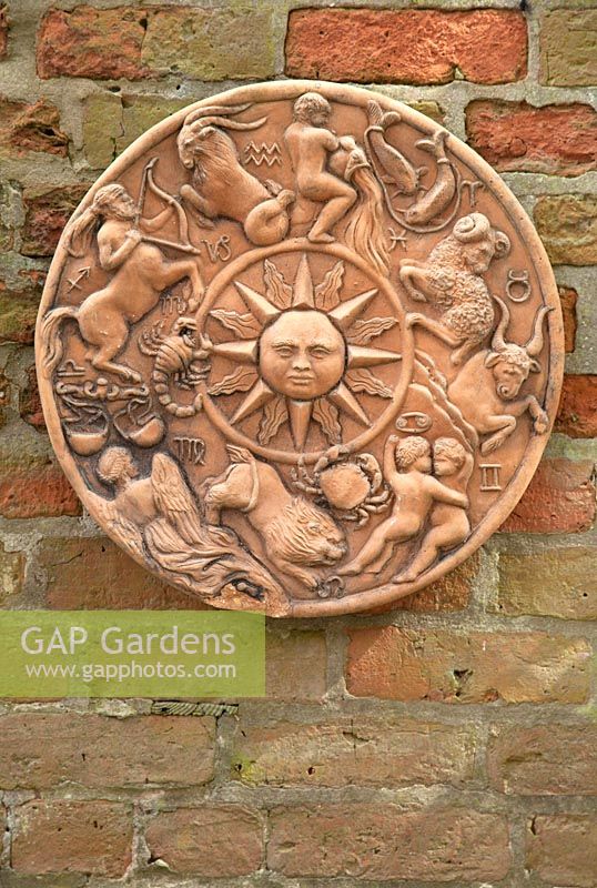 Wall mounted terracotta 'signs of the zodiac' plaque at Bolham Manor, Nottinghamshire