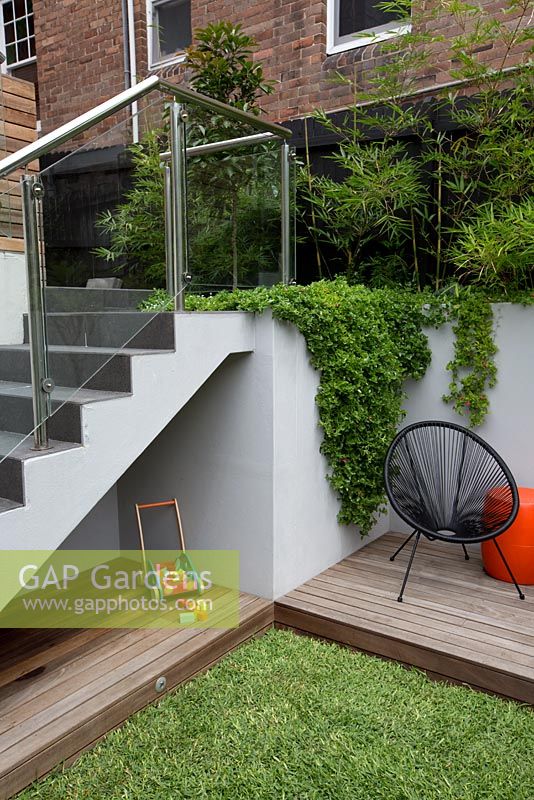 Steps with glass safety panels leading to an upper patio withchilds play area under a set of stairs with frameless glass screens a timber deck, timber children's toy and Aptenia cordifolia, heartleaf iceplant spilling over a grey painted cement rendered wall.