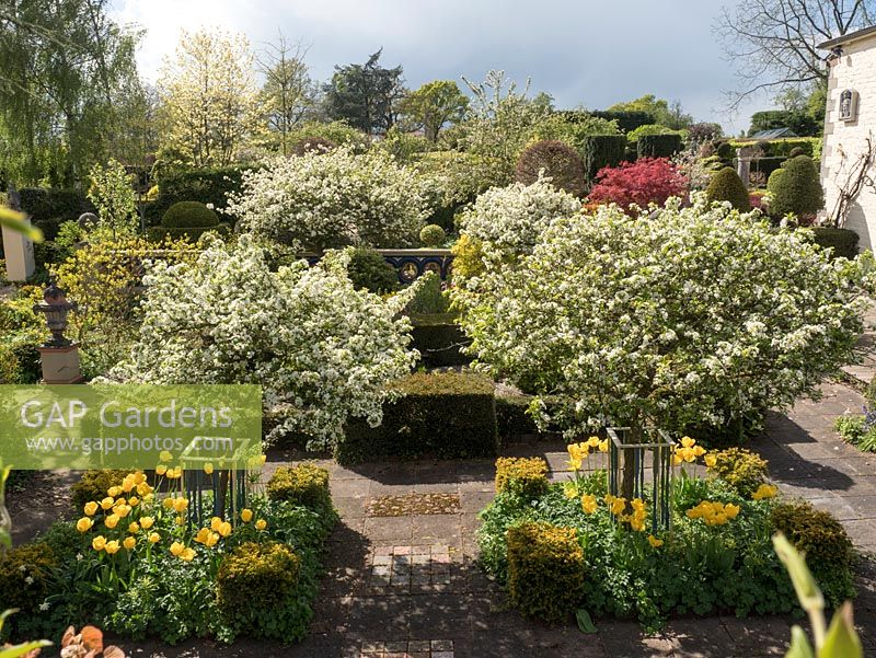 The Laskett Gardens- Looking down and across the house and Howdeah Court with its Taxus baccata  topiary and hedges together with the white flowering Prunus and red Acer from the garden staircase.