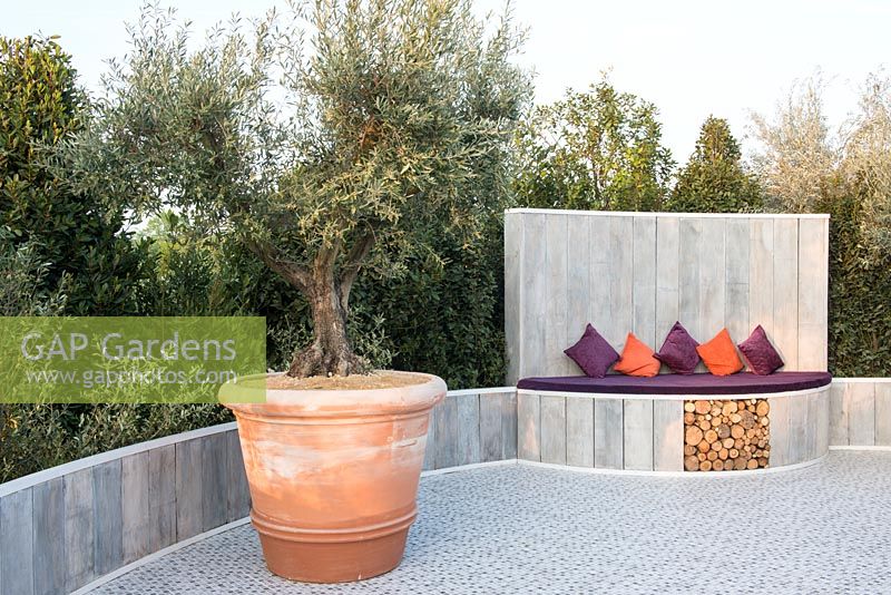 Outdoor seating area with log storage, Olive tree in large terracotta planter - The Retreat, RHS Malvern Spring Festival 2017 - Design: Villaggio Verde