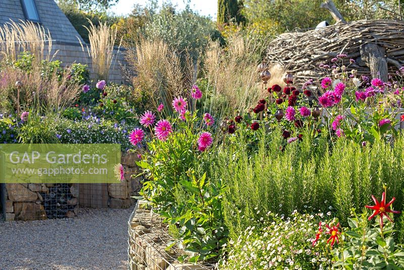 View across pub garden with late summer border, stone wall bed and gravel path. Jo Thompson garden Design, Ticehurst, East Sussex