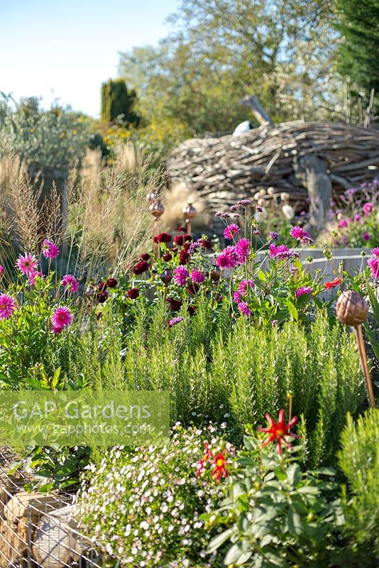 View across pub garden with late summer border, stone wall bed and gravel path. Jo Thompson garden Design, Ticehurst, East Sussex