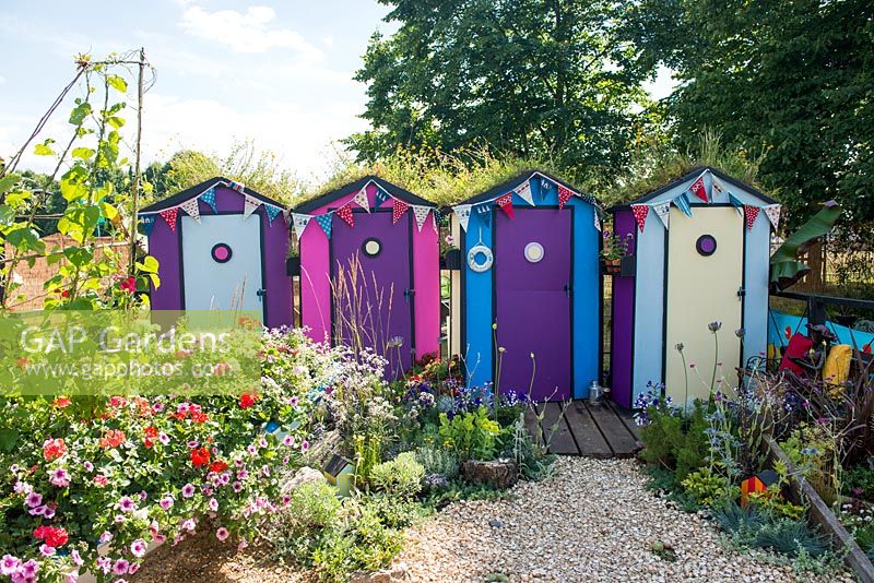 Colourful beach huts with wildflower green roofs, boat planted with Petunias and Runner Beans growing on a sail frame - Fun on Sea, RHS Hampton Court Palace Flower Show 2017