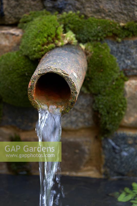 Turismo de Galicia: The Pazo's Secret Garden. Old stone pipe water feature, emerging from moss covered wall.  Designer: Rosie McMonigall. Sponsor: Turismo de Galicia, North Spain.