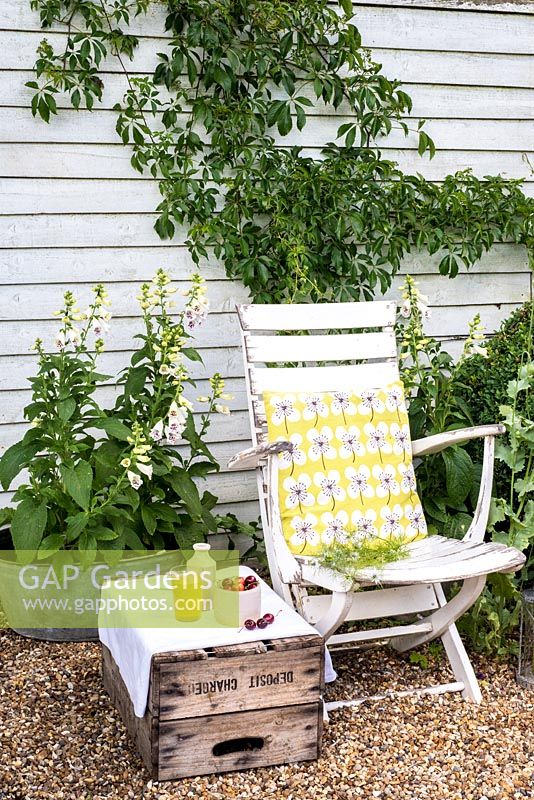 Seating area in small garden with white foxgloves