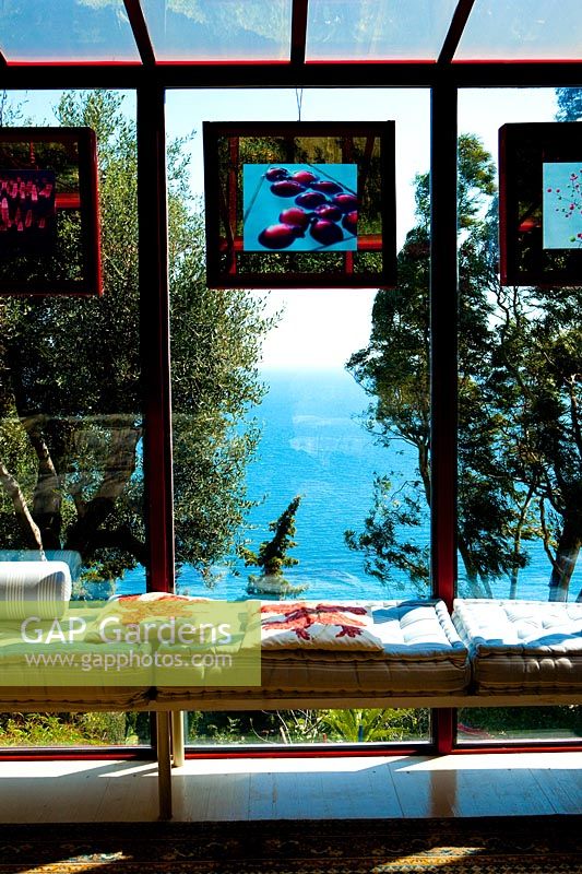 View of the Ligurian Sea seen from inside house. Carlo Maggia house and garden. Mortola. Italy