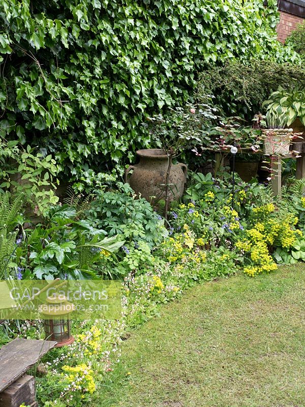 A large terracotta urn provides a focal point in corner of border