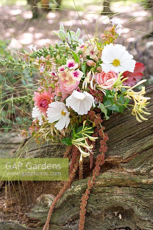 Mixed floral arrangement placed on tree trunk