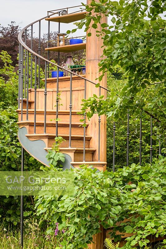 Wooden staircase leading to a tower - Belmond Enchanted Gardens - RHS Chatsworth Flower Show 2017 - Designer: Butter Wakefield - Gold - People's Choice