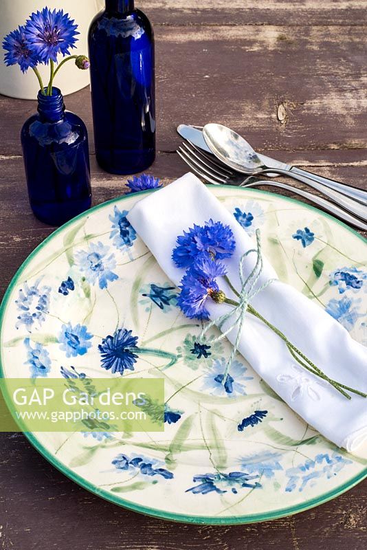 Cornflowers with napkin on hand painted plate - place setting