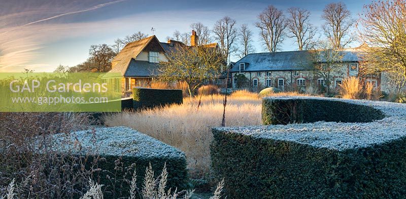 The Courtyard Garden in Winter at Bury Court Gardens, Hampshire. Designed by Piet Oudolf and John Coke.