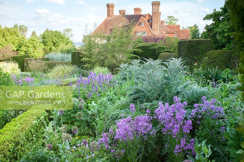 The Orchard Garden in May with Lunaria annua, Cynara, Alliums, Agastache, Geraniums. Great Dixter, Sussex