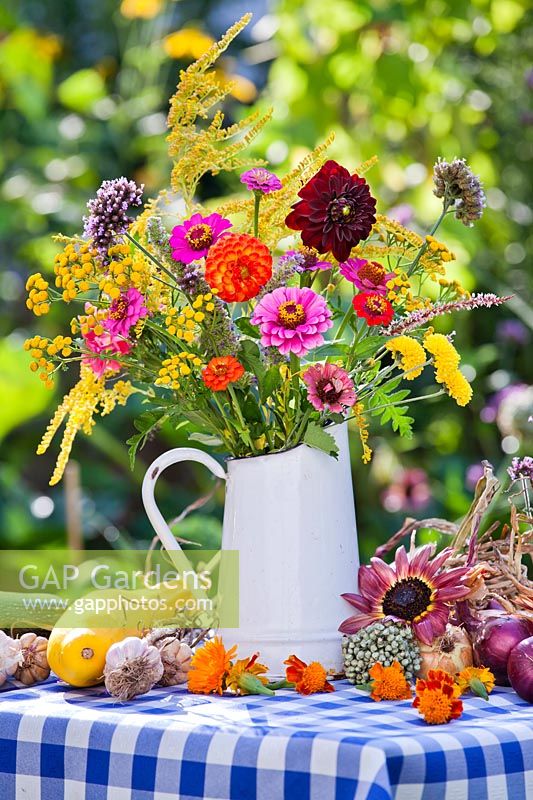 Floral and harvest display in the summer garden.