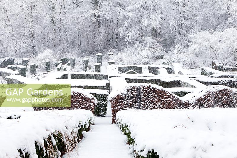 View across the Grasses Parterre to the woods. Foreground hedges of Box - Buxus sempervirens. Hedges of Yew - Taxus baccata beyond. Garden in snow and whilst snowing. Veddw House Garden, Monmouthshire, Wales, UK. The garden was created since 1987 by garden writer Anne Wareham and her husband, photographer Charles Hawes. The garden opens to regularly to the public in the summer months.