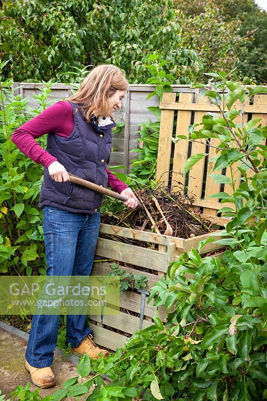 Turning over compost heap with fork to speed up process of decomposition, October