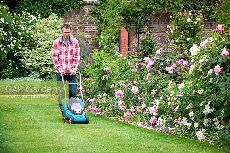 Mowing a lawn with an electric lawnmower