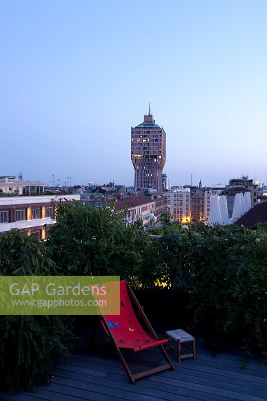View from terrace to city of Milan and Velasca tower, Italy, May.