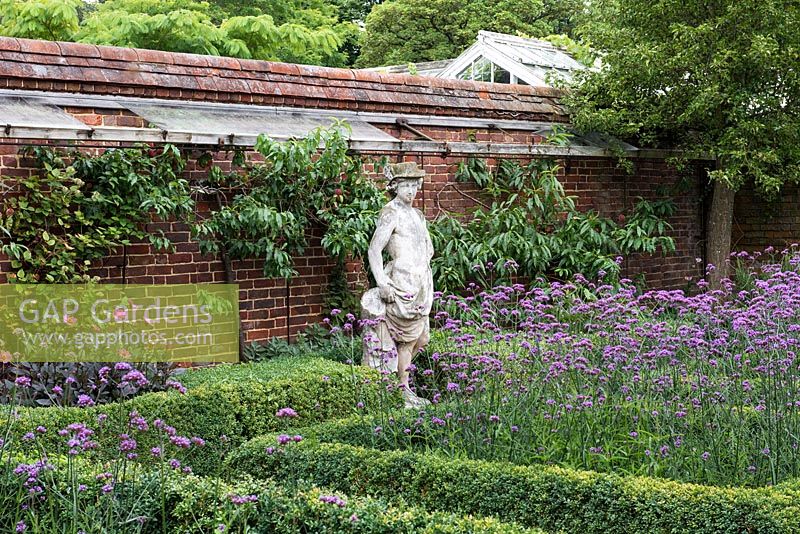 A classical statue overlooks a formal parterre planted with Verbena bonariensis.