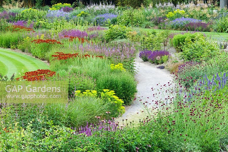 Contemporary planting of perennials and grasses. The Glasshouse Borders, RHS Gardens Wisley, July. Designed by Tom Stuart-Smith