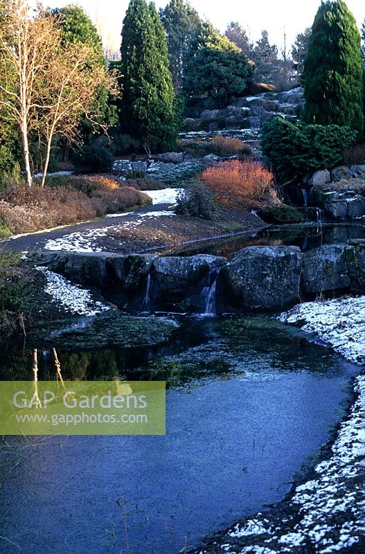 Pond waterfall beginning in the Rock Garden St Andrews Botanic Garden Scotland