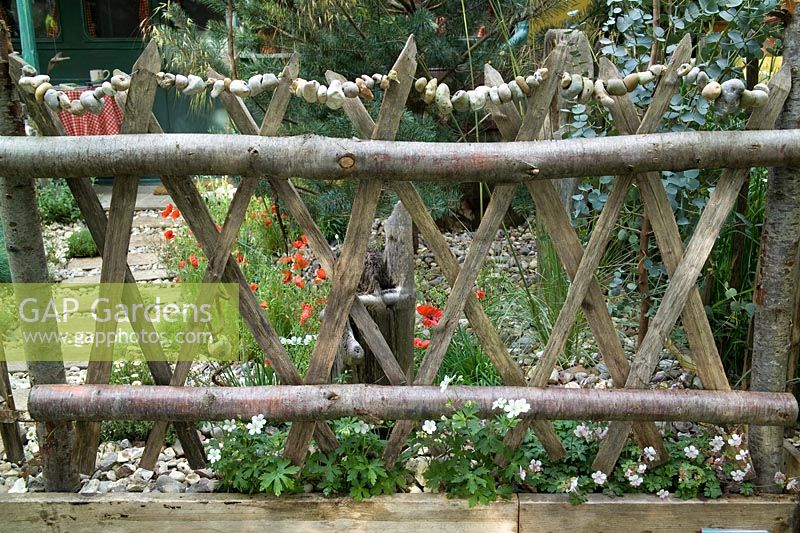 Rustic chestnut wooden fence with garden behind Eucalyptus Pinus sylvestris Papaver rhoeas geranium