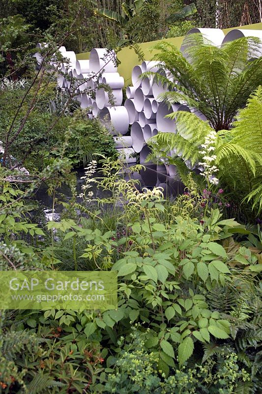 Cancer Research UK Garden Andy Sturgeon Chelsea Show Garden with tree fern foliage, perennial planting, wall of steel rings