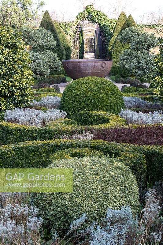 Abbey House Gardens, Malmesbury, Wiltshire.  Topiary garden in winter showing structure and form
