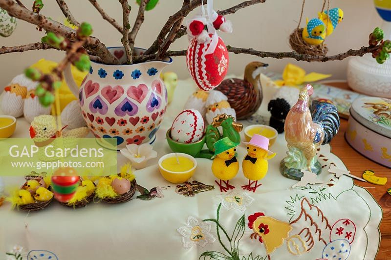Easter 'scene' with blossom, eggs and easter toys.