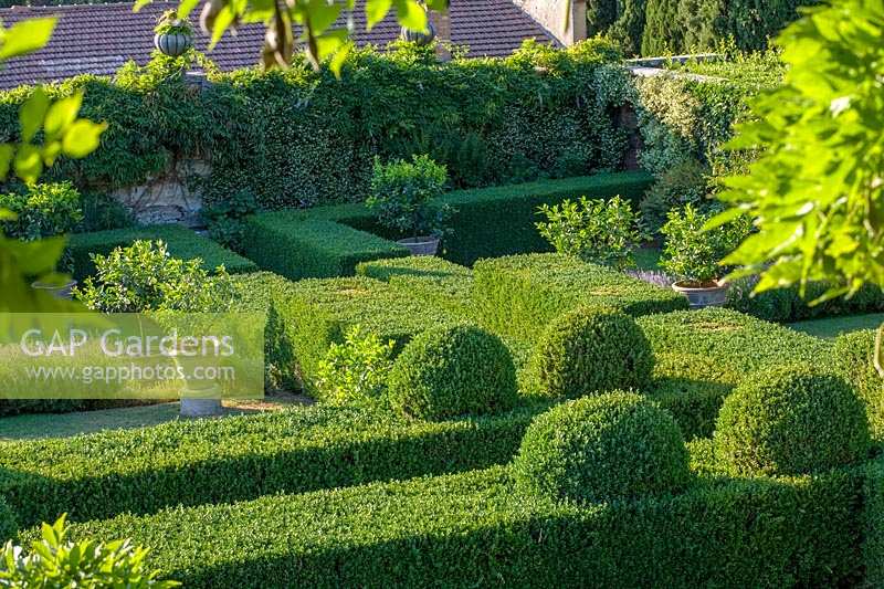 Villa La Foce, Tuscany, Italy. Large garden with topiary clipped Box hedging and views across the Tuscan countryside, the lemon garden