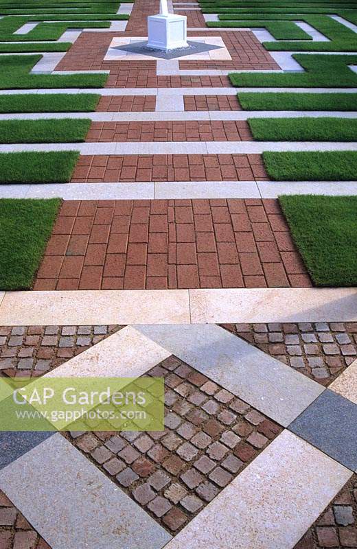 Hampton Court Flower Show 2000 design JWP brick stone and cobble path across lawn grass