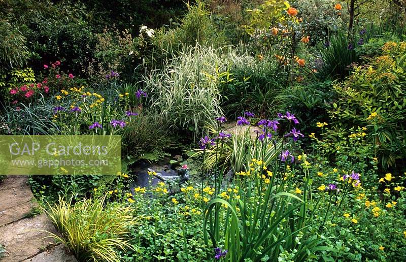 Browns Hill Gloucestershire design Pamela Woods cement lined formal pond with flagstone edges and marginal planting Iris marsh m