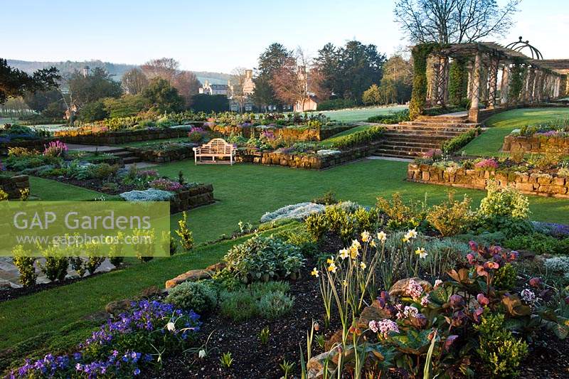 sunken garden formal square steps borders Spring flowers blooms blossoms view sun sunny blue sky newly planted Aubretia Aprilsun