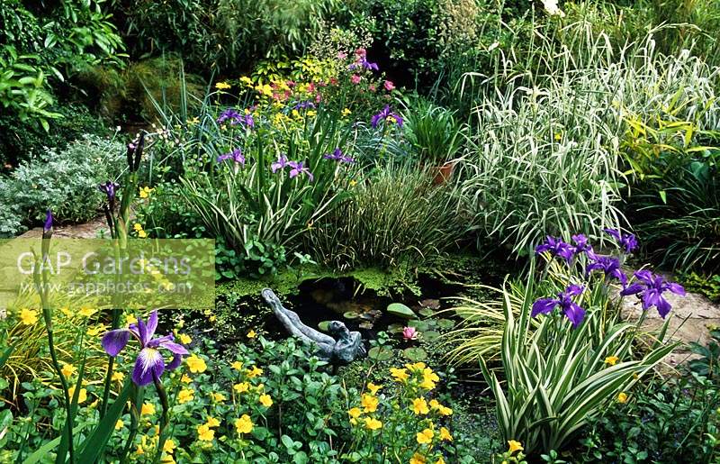 Browns Hill Gloucestershire design Pamela Woods cement lined formal pond with flagstone edges and marginal planting Iris marsh m