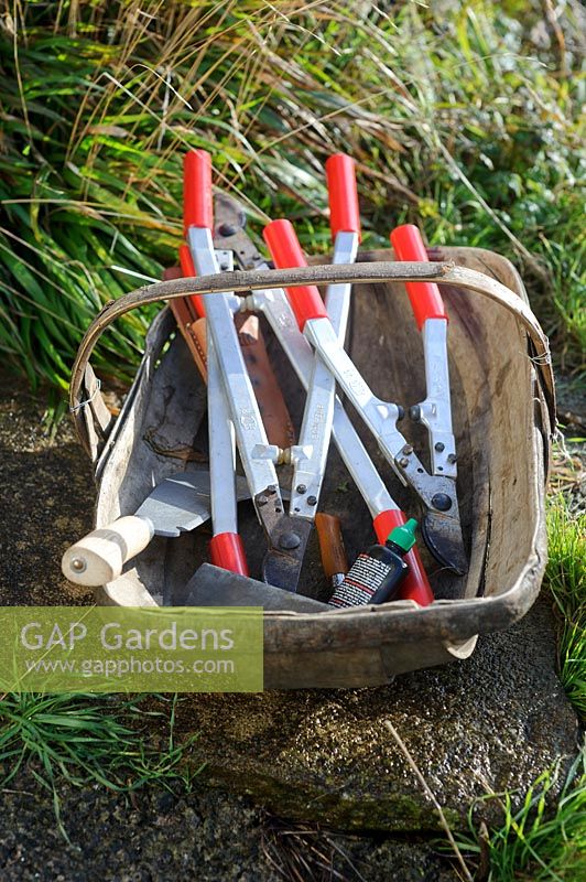 A trug of tools ready for sharpening 