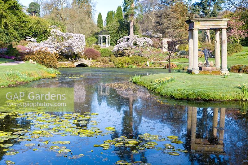 View of lake in The formal Temple Garden at Cholmondeley Castle, Cheshire, UK. 