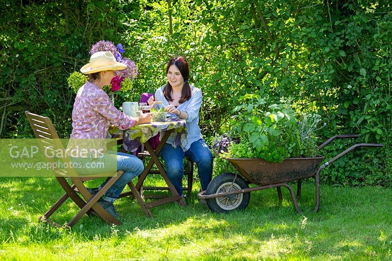 Women sitting at wooden table on lawn enjoying freshly picked herbs from wheelbarrow herb planter. 