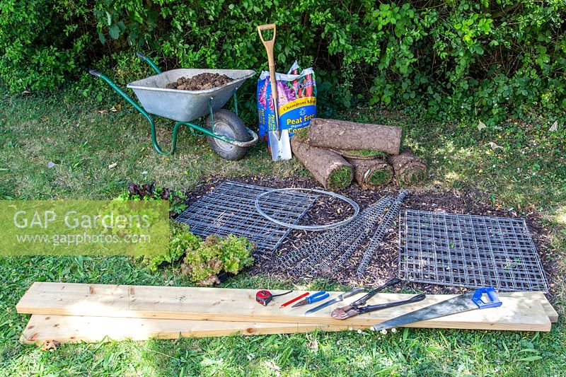 Materials and tools required to construct a gabion bench