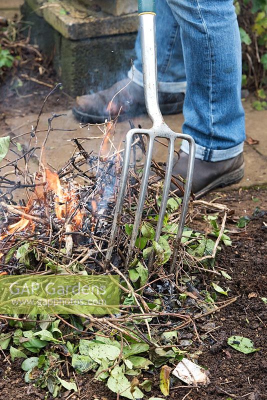 Gardener tending a small bonfire with a garden fork 