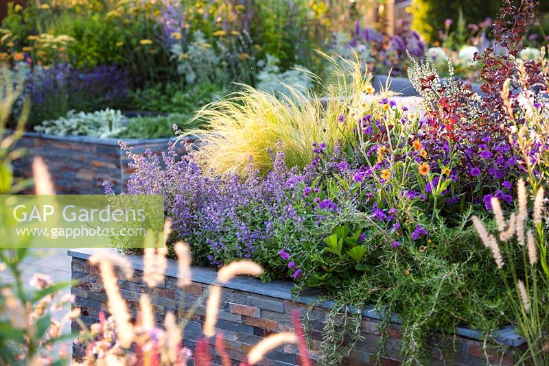 Raised beds made of lucent copper slate with summer flowering perennials. The RNIB Community Garden. Designers: Steve Dimmock, Paula Holland, RHS Hampton Court Palace Flower Show, 2018.