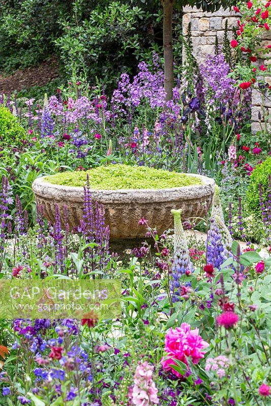 View over mixed border to stone font planted with Soleirolia - Mind your own business A Very English Garden. Sponsor: The Claims Guys, RHS Chelsea Flower Show, 2018.