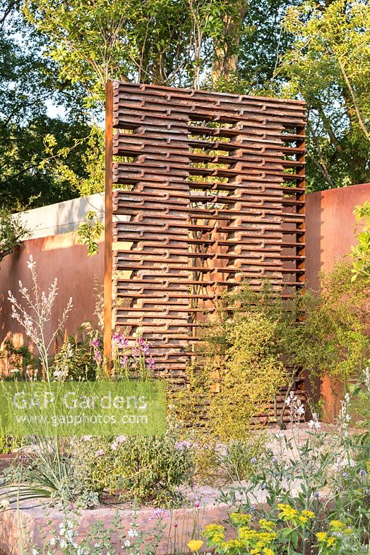 Metal sculpture in The M and G Garden, Sponsor: M and G Investments, RHS Chelsea Flower Show, 2018.